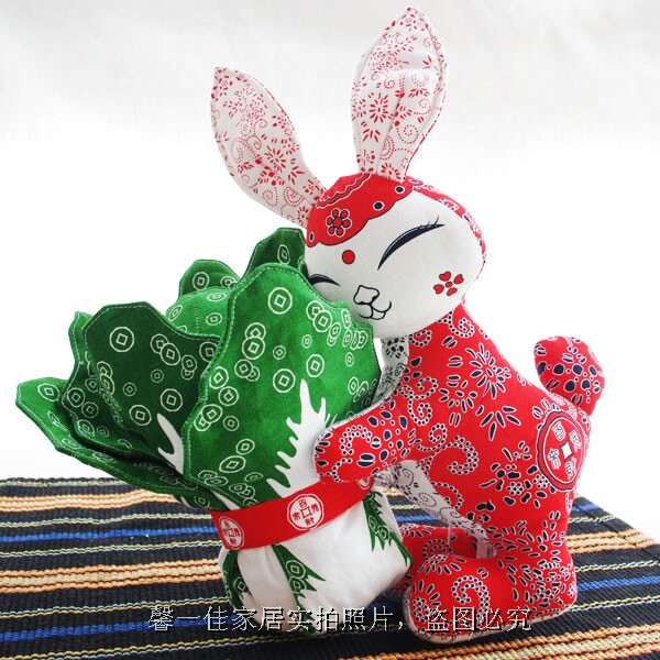 品牌布络活性印染布艺百财兔摆件 生肖兔 吉祥物 手工布艺兔公仔