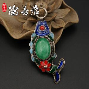 仿老银烤蓝吊坠首饰配件 仿老银烧蓝珐琅翡翠吊坠DIY项链配件