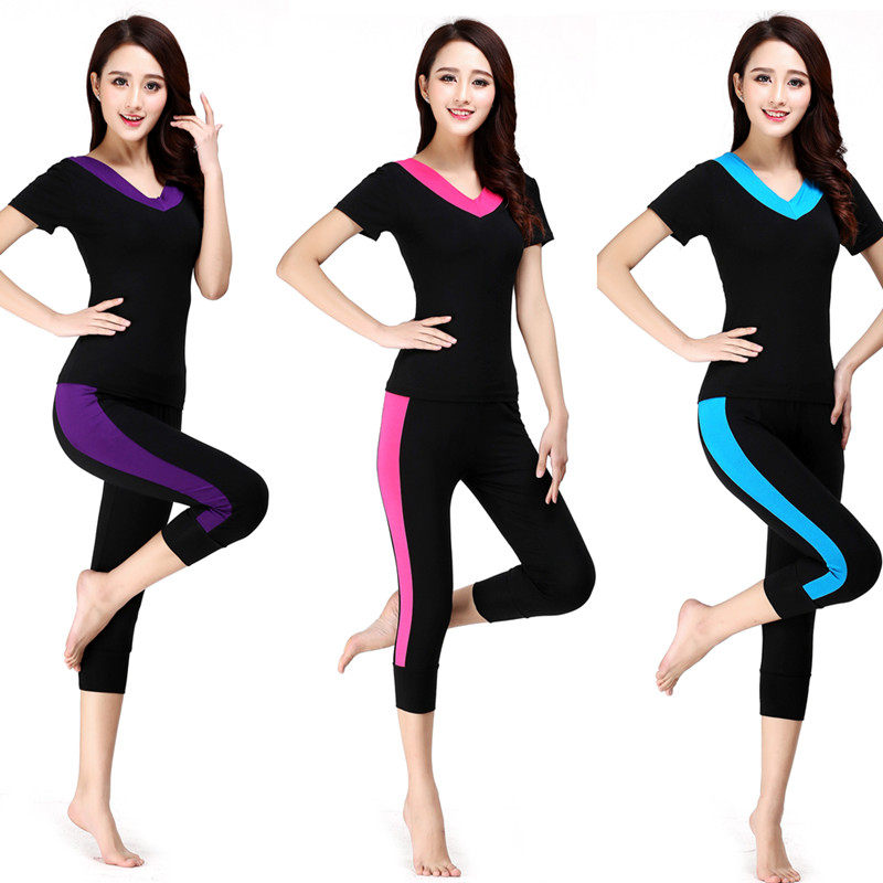 新款短袖瑜伽服套装7分裤夏广场舞服装V领舞蹈服练功莫代尔健身服