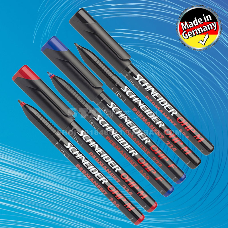 德国原产，三种粗细选择：S 0.4 mm，F 0.7 mm，M 1.0mm ◆耐久性记号笔：可以在胶片，菲林，CD 等光滑表面书写或做记号，墨迹快干，并具有光泽。 ◆防滑握笔部位，多规格笔尖 ◆快干，颜色鲜艳持久，防水、耐擦拭，墨迹不易褪色 ◆脱帽不干油墨，完全符合环保要求