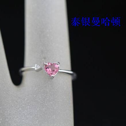 泰银 925纯银 手工镀白金原创设计白晶爱心天然碧玺活口戒指11-18