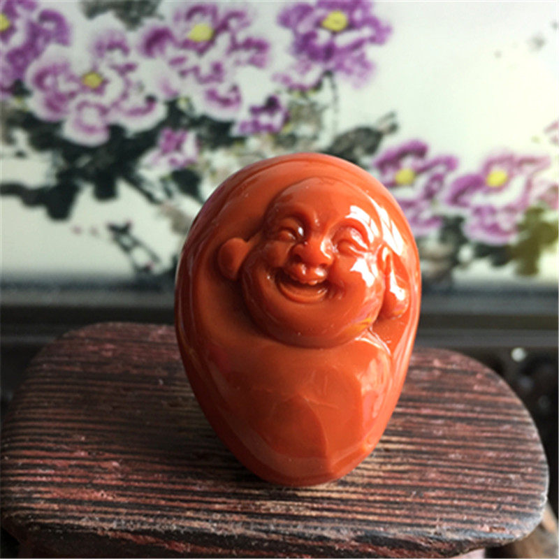 天然川料南红玛瑙弥勒佛吊坠雕件 柿子红玉石小佛雕刻挂饰项坠