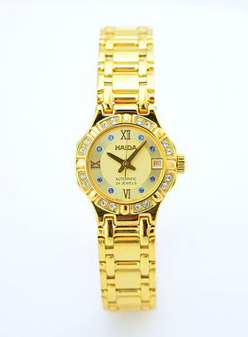 海达手表圆形大气金色白色带钻盘全自动机械女表库存全新