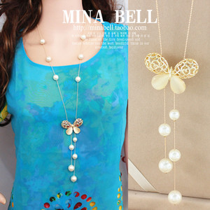 包邮 日韩版满钻珍珠 小苹果 猫眼石 镂空钻 蝴蝶 长项链 毛衣链