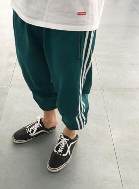 GD男女同款三条杠运动裤棉黑宽松收口春夏绿休闲侧边灯笼哈伦长裤