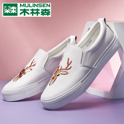 木林森女鞋春夏韩版套脚懒人鞋女士绣花低帮小白鞋女一脚蹬乐福鞋
