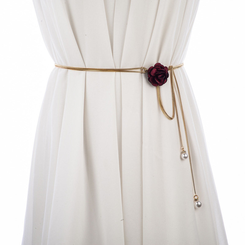 韩版百搭女士金属链条细腰链 配裙子花朵装饰窄款腰带女甜美皮带