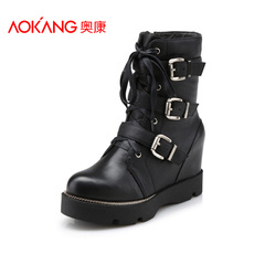 Aokang shoes vintage leather winter new products in Europe and thick bottom tube strap buckle boots women Martin boots