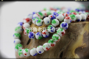 博山老琉璃珠子古法手工9-10mm三色蘸花点彩老琉璃珠子料珠佛珠