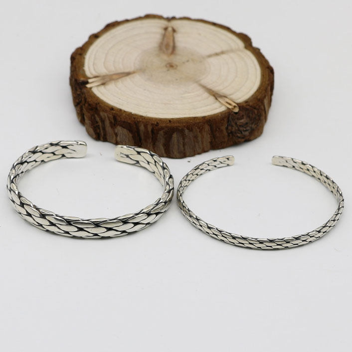 男S925纯银泰国清迈手工编织麻藤开口手镯时尚饰品女复古泰银手环