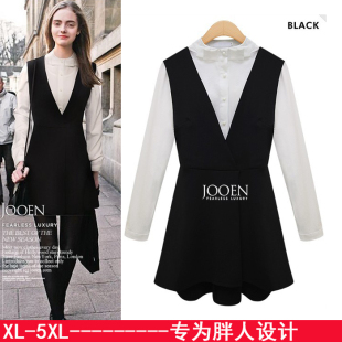 连衣裙胖MM显瘦套装 背带裙两件套蝴蝶结衬衫 女 新款 欧洲站2020春装