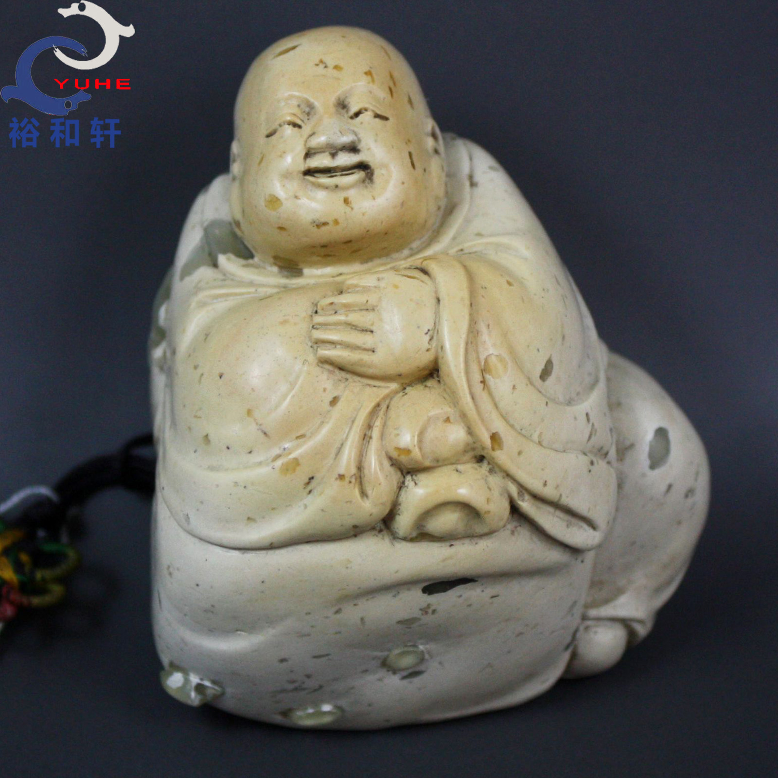【裕和轩】寿山石手件国石真品 虎皮结晶花坑石 童子献宝手把件f7