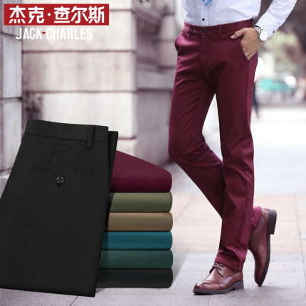 秋冬保暖加绒加厚酒红色休闲裤子直筒修身英伦酒红裤子男人高弹力