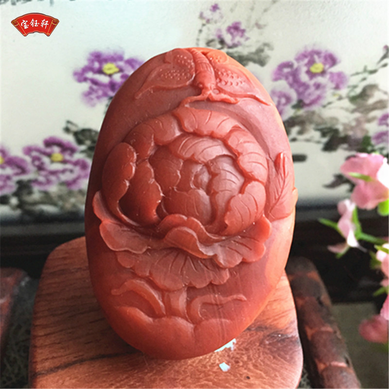 天然南红玛瑙蝶恋花项坠雕件 火焰红玉石牡丹蜻蜓雕刻吊坠挂件