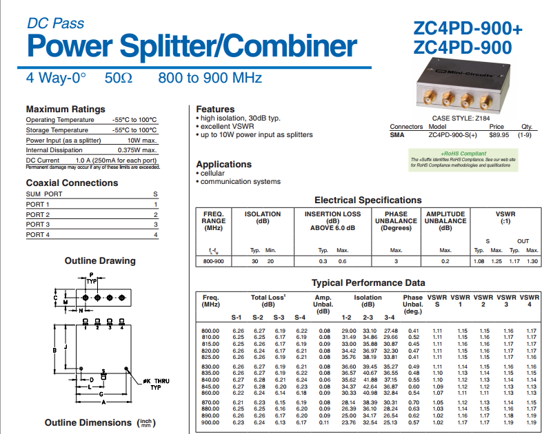 800-900MHz 射频微波同轴一分四功分器 代替 ZC4PD-900  Mini-Circuits