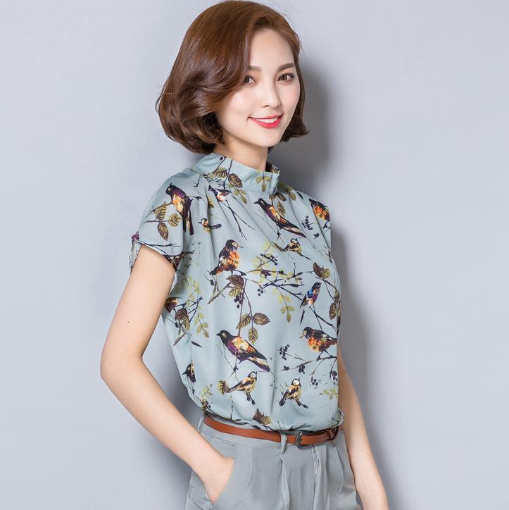 2024新款宽松大码女装短款上衣原创小鸟花纹短袖衣服百搭雪纺衫女