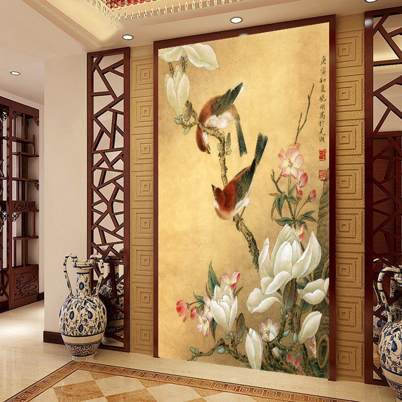 玉兰花明清古典玄关墙纸 仿古中式装修壁画 国画工笔花鸟订制壁纸