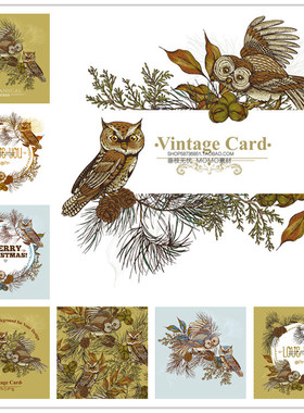 A2755矢量复古猫头鹰松树风格背景秋天圣诞卡片模板 AI设计素材