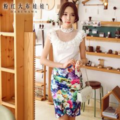 Dress big pink dolls in summer 2015 new skirts women's skirts printed asymmetrical skirt hips