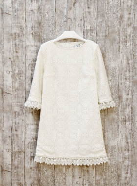 100元3件！秋新款毛线针织蕾丝圆领七分袖花边A字淑女直身连衣裙