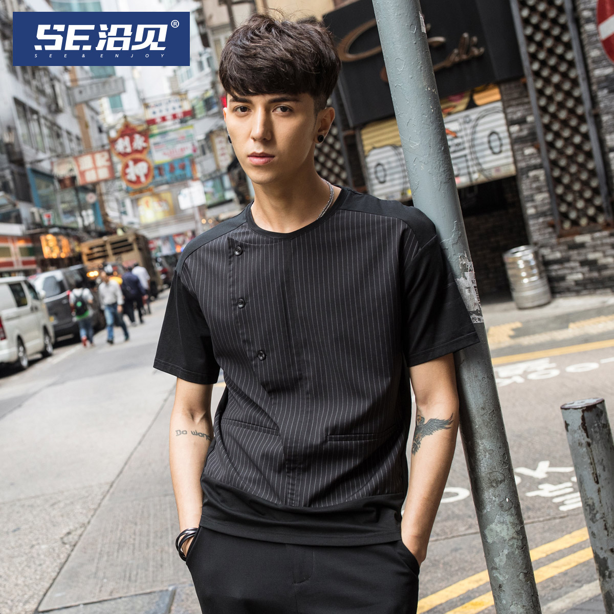 【買一送一】SE沿見港風潮牌2018夏季T恤男短袖修身潮流個性