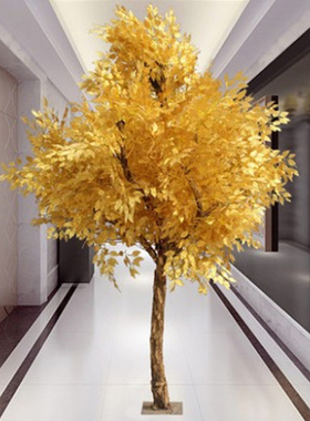 仿真植物大型金黄色榕树许愿树大厅商场酒店摆放风水树实木金榕树