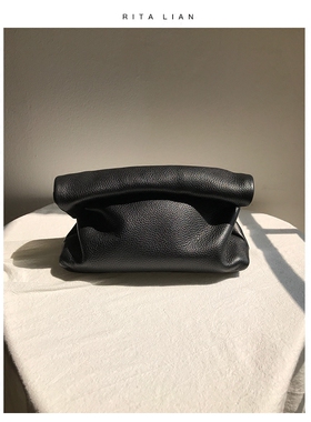 RitaLian小众个性慵懒随性卷边手拿包头层牛皮午餐包女轻软