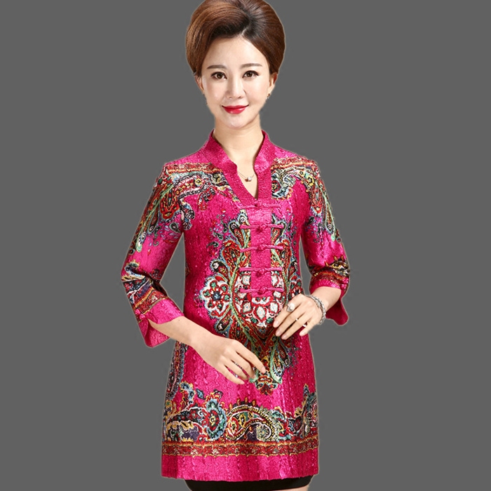 褶皱修身风旗袍领印花真丝春秋装