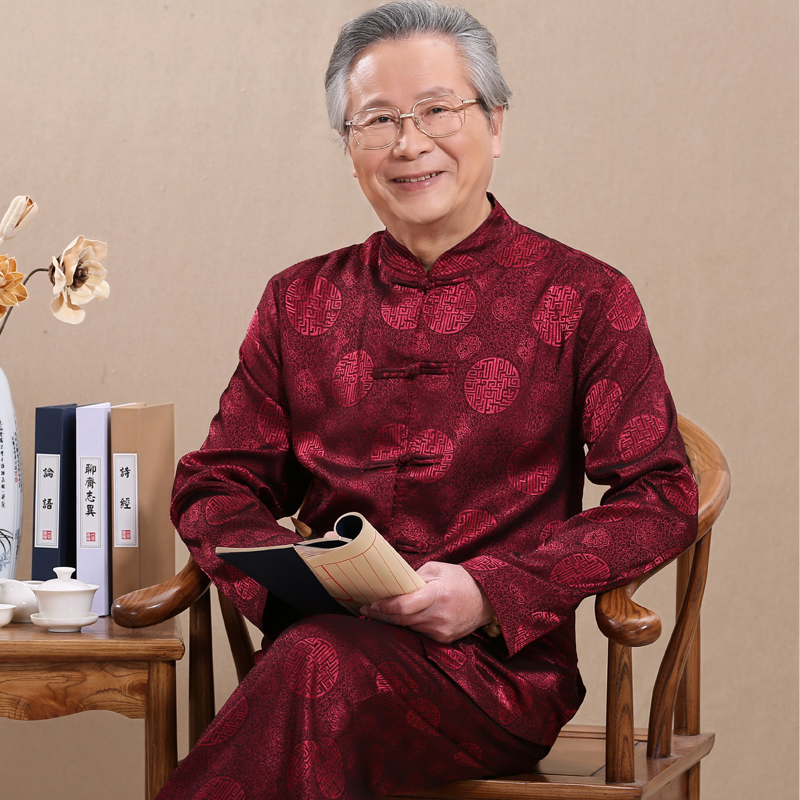 春夏季唐装男中老年中式圆喜长袖中国风民族服装汉服爷爷装男装