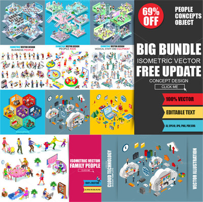 A0582矢量扁平化立体Isometric商务家庭商场场景信息图AI设计素材