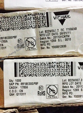 IRFIBE30GPBF IRFIBE30G TO220 800V/2.1A MOS/场效应 VISHAY进口