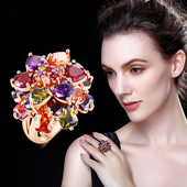 金色山茶花彩金玫瑰金戒指女立体花朵鸢尾花大气彩色水晶锆石彩虹