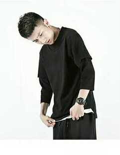 2017新款欧美简约纯色纯棉假两件七分袖T恤潮男春休闲T恤街头男孩