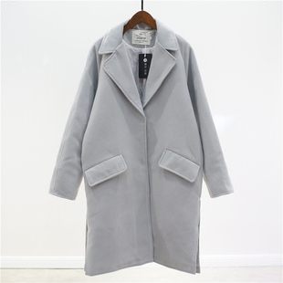 冬季新品 加厚保暖两侧开叉中长款宽松大版女茧型外套 仿呢大衣