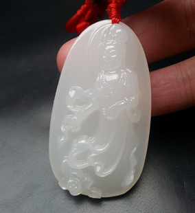 新疆和田白玉散花观音玉石挂件羊脂白方解石玉飘带观音吊坠玉牌子