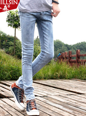 2026春季潮男韩版修身显瘦浅灰色小脚长裤男士弹力水洗牛仔铅笔裤