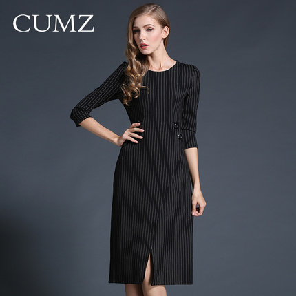 CUMZ秋季中长款连衣裙女装2015英华条纹显