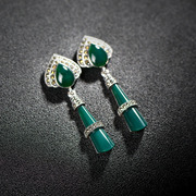 925 Thai Thai female long green agate Silver earrings silver fashion simple handmade custom vintage earrings