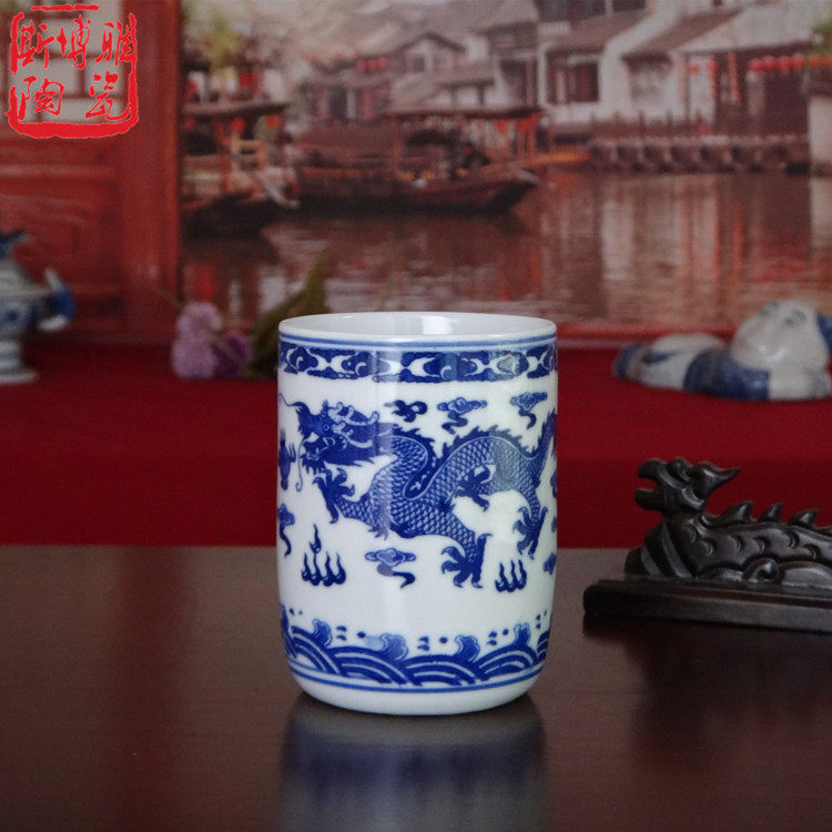 景德镇直口青花龙纹无盖陶瓷器茶杯水杯啤酒杯大容量瓷杯茶楼家用_虎窝淘
