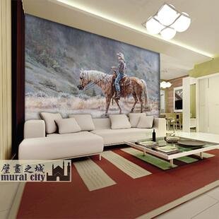 游牧人油画墙纸现当代油画墙布骑马放牧壁纸书房复古壁画背景墙