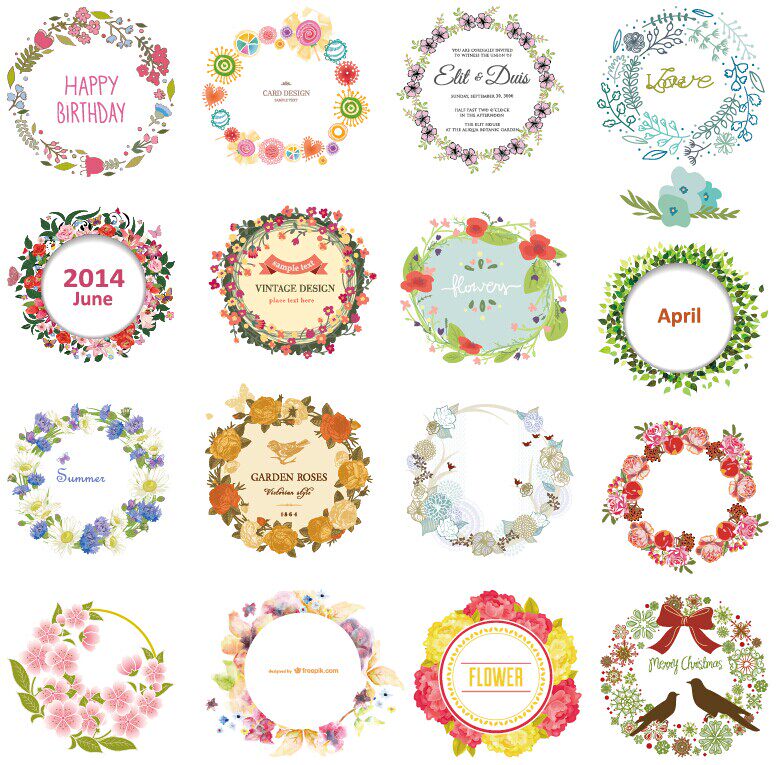 森系手绘可爱绚丽花圈卡通花环素材时尚花纹边框ai矢量源文件304