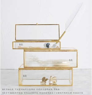 欧式 简约金色铜边方形多边玻璃创意首饰盒饰品盒摆件 收纳展示盒