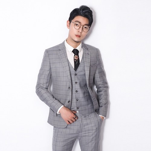 川泽男士薄款格子修身西服套装