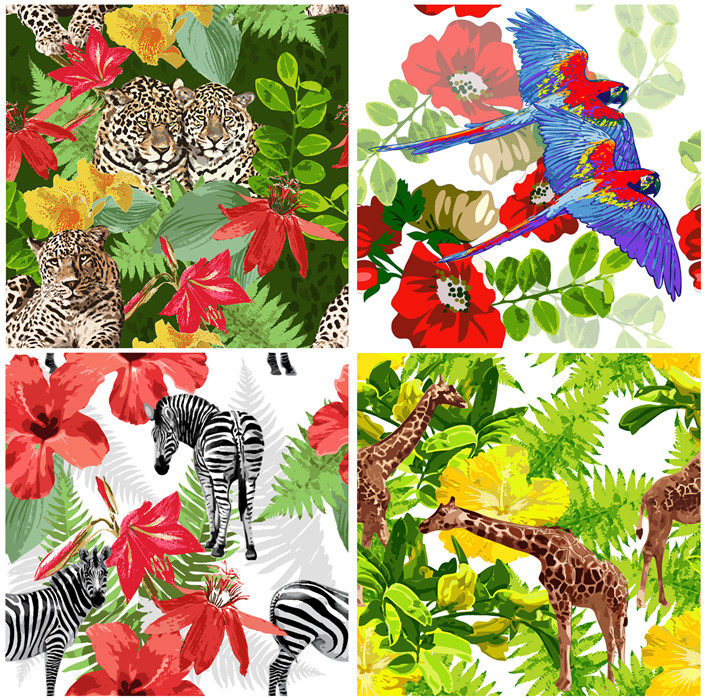 [329]热带植物动物四方连续纹样豹子斑马鹦鹉 AI矢量设计素材