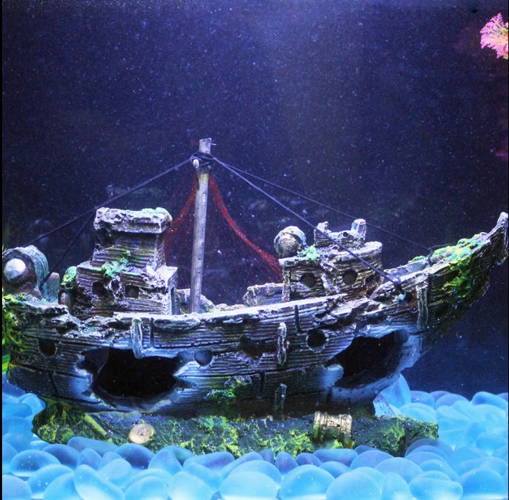 包邮海盗船水族箱造景鱼缸造景装饰船躲避屋摆件船空心树脂船沉船