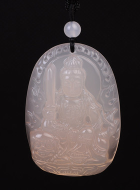 天然白色生肖兔玉髓文殊菩萨吊坠