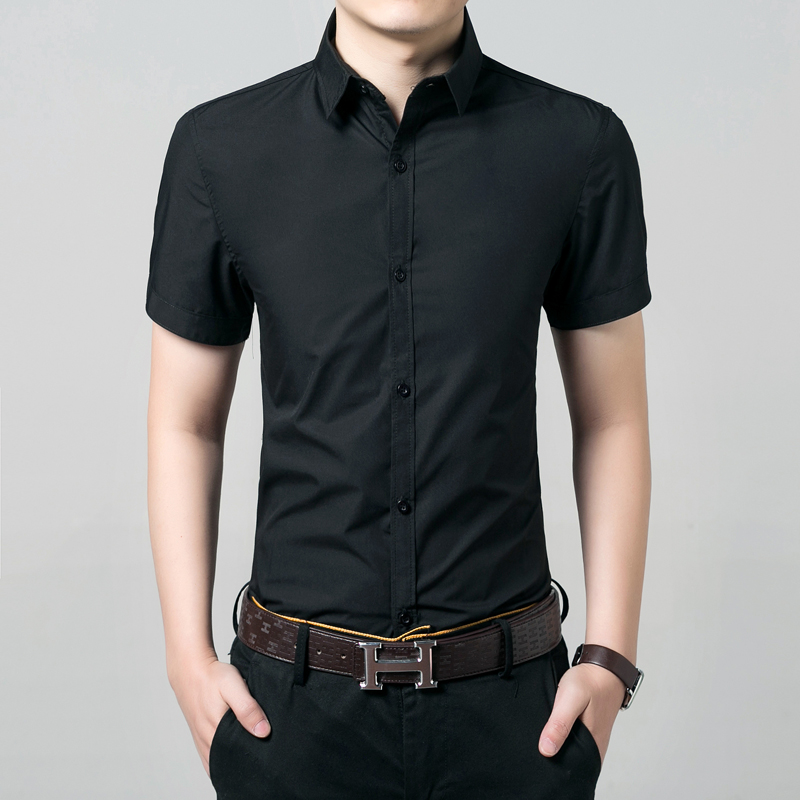 黑色短袖衬衫男夏季青少年时尚修身韩版潮流学生衬衣百搭帅气寸衫|ruв категории Мужская одежда, рубашка - от Buy2taobao.com для оказания профессиональной услуги покупки агента Taobao