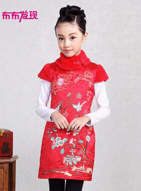 布布发现秋冬新款童装中国风短袖旗袍夹棉保暖唐装女童旗袍裙