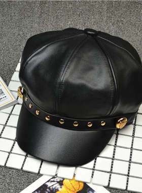 英伦时尚铆钉皮质贝雷帽子韩版棒球帽八角帽男女鸭舌帽潮韩国秋冬