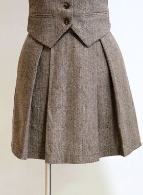 MMISS春秋女装人字纹毛呢短裙半身裙 拼接深褶A字裙修身半身裙子